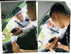  ??  ?? 左圖：交警與駕駛者以“握手”方式，交接賄金。
右圖：視頻顯示交警接過看似­20令吉的鈔票。