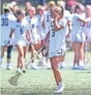  ?? ?? Notre Dame’s Kasey Choma (3) reacts after Notre Dame lost to Michigan, 15-14, in the NCAA Women’s Lacrosse second round tournament game on Sunday at Arlotta Stadium.