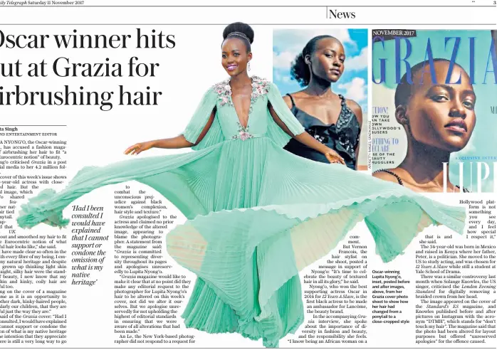  ??  ?? Oscar-winning Lupita Nyong’o, inset, posted before and after images, above, from her Grazia cover photo shoot to show how her hair had changed from a ponytail to a close-cropped style