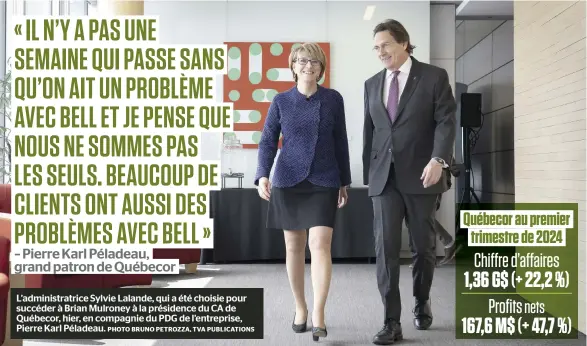  ?? PHOTO BRUNO PETROZZA, TVA PUBLICATIO­NS ?? L’administra­trice Sylvie Lalande, qui a été choisie pour succéder à Brian Mulroney à la présidence du CA de Québecor, hier, en compagnie du PDG de l’entreprise, Pierre Karl Péladeau.