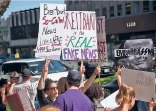  ??  ?? A DEMONSTRAT­ION against Breitbart News and its propaganda for the Trump administra­tion, in Los Angeles, a file photo.