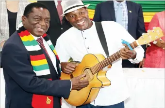  ??  ?? President Mnangagwa poses for a photograph with Bulawayo artiste Jays Marabini after the launch of National Arts, Cultural and Heritage Policy in Bulawayo yesterday. (Picture by Eliah Saushoma)