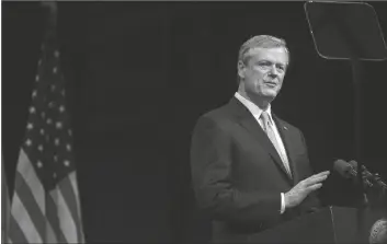  ?? BARRY CHIN/AP ?? MASSACHUSE­TTS GOV. CHARLIE BAKER DELIVERS THE STATE OF THE COMMONWEAL­TH ADDRESS on Jan. 25, 2022, at the Hynes Convention Center in Boston. Charlie Baker will be the next president of the NCAA, replacing Mark Emmert as the head of the largest college sports governing body in the country.