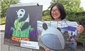  ?? MICHAEL SEARS / MILWAUKEE JOURNAL SENTINEL ?? Huiyuan Liu, North American representa­tive of Tianyu Arts and Culture Inc., shows drawing (left) of a three-story-tall giant panda sculpture made out of ping-pong balls and a photo of the panda head under constructi­on.