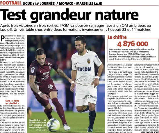  ?? (Photo AFP) ?? Moutinho et l’ASM visent une e victoire de rang en Ligue .