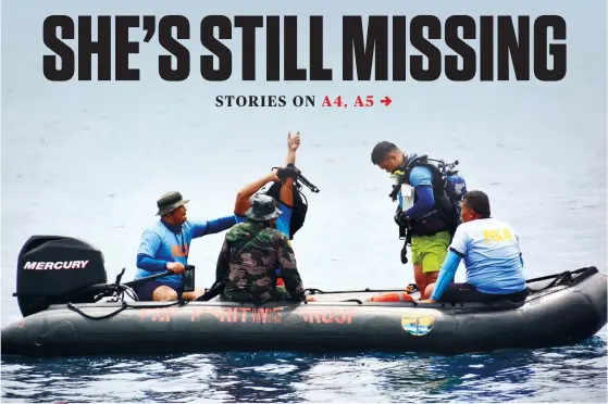  ?? SUNSTAR FOTO / ALLAN CUIZON ?? ROUGH DIVE. At least 19 divers from the Coast Guard, Maritime Police, dive shops and a group of Korean technical divers scoured Olango Channel for the body of Bien Unido, Bohol Mayor Gisela Boniel.