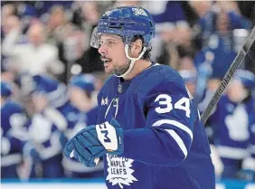  ?? FRANK GUNN THE CANADIAN PRESS ?? Maple Leafs centre Auston Matthews celebrates his 69th goal of the season on Saturday night.