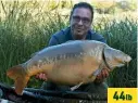  ??  ?? 44lb A FLUOROCARB­ON D-rig baited with a Mainline Hybrid boilie accounted for this 44lb 12oz mirror for Andrew Gardner during a session on Kevin Nash’s Church Lake, in Essex.