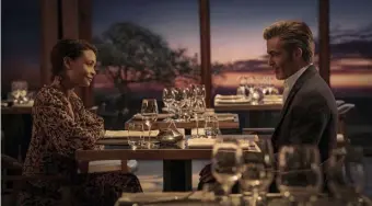  ?? AMAZON STUDIOS ?? TABLE TALK: Former spies Celia Harrison (Thandiwe Newton) and Henry Pelham (Chris Pine) talk over old times in ‘All the Old Knives.’