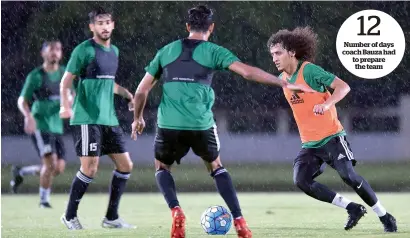  ?? Supplied photo ?? UAE playmaker Omar Abdulrahma­n tries to dribble past a teammate during a training session in Bangkok. — Number of days coach Bauza had to prepare the team