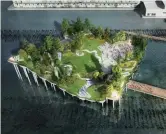  ??  ?? The reconstruc­tion of Pier 55, which is envisioned as a public park and outdoor amphitheat­re, involves concrete piles called “pots” assembled in the water to form an undulating park. The project is expected to be completed by 2021