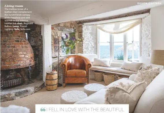  ??  ?? Living room
The mellow tones of a leather chair complement the curved brick canopy of the fireplace and add warmth to the scheme. Leather tub chair, Reginald Ballum. Lamp, Frezoli Lighting. Sofa, Sofa.com