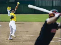  ??  ?? Vanden High’s Hazyl Gray fires a pitch in the first inning of the Vikings’ league victory over Vacaville High Wednesday at Vanden. Gray threw a two-hitter.