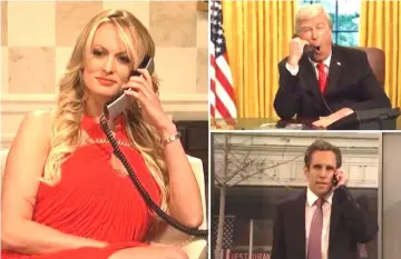  ??  ?? “SNL” trotted out a bunch of celebritie­s as characters in the Trump administra­tion, bringing back Alec Baldwin (above, right) , Ben Stiller (below) and Scarlett Johansson — and surprising viewers with Stormy Daniels (left) playing herself.