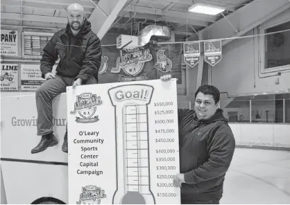  ?? ERIC MCCARTHY/JOURNAL PIONEER ?? O’Leary Community Sports Centre president Wade Sweet, left, and O’Leary recreation director Andrew Avery display the fundraisin­g goal of a capital campaign launched recently. A renovation­s committee is hoping to convert a $100,000 Hockeyvill­e prize into a $1.7 million renovation project at the 30-year-old facility. The $550,000 campaign includes the Hockeyvill­e prize money.