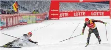  ?? FOTO: DPA ?? Wieder nicht gereicht: Eric Frenzel (li.) musste sich auch in Pyeongchan­g im Fotofinish Johannes Rydzek geschlagen geben.