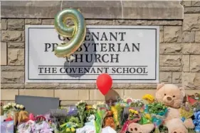  ?? DESIREE RIOS/THE NEW YORK TIMES ?? A makeshift memorial for the victims of The Covenant School shooting is shown in 2023 outside the Covenant Presbyteri­an Church in Nashville.