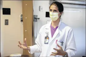  ?? MICHAEL GARD/POST-TRIBUNE ?? Infectious disease physician Dr. Erica Kaufman West describes the BLAZE-1 antibody study in which Franciscan Health Hammond is one of 24 hospitals participat­ing nationwide.