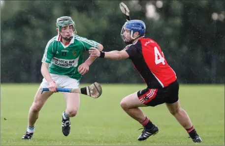  ??  ?? Harbour Rovers’ Stephen Condon gets by Shanballym­ore’s Alan Sheedy during his side’s win in the North Cork Junior A Championsh­ip Semi-Final last weekend. Photo: Eric Barry/Blink Of An Eye
