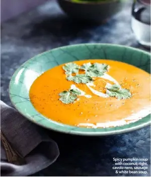  ??  ?? Spicy pumpkin soup
with coconut; right, cavolo nero, sausage
& white bean soup.