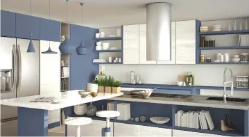  ??  ?? Modern wooden kitchen with wooden details, close up, island with stools, blue and white minimalist­ic interior design