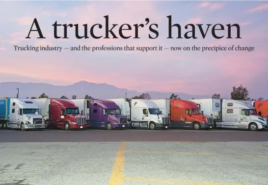  ?? JAMIE LEE TAETE/THE NEW YORK TIMES PHOTOS ?? Trucks lined up at the Petro Travel Center truck stop March 30 in Ontario, California.