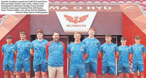  ?? Picture: Riley Sports Photograph­y. ?? Scarlets Academy squad and staff. Pictured (from left) are Keanu Evans, Ioan Lewis, Yestyn Cook, developmen­t pathway manager Kevin George, Scarlets head coach Dwayne Peel, Will Evans, Isaac Young, Steffan Jac Jones and Iori Badham.