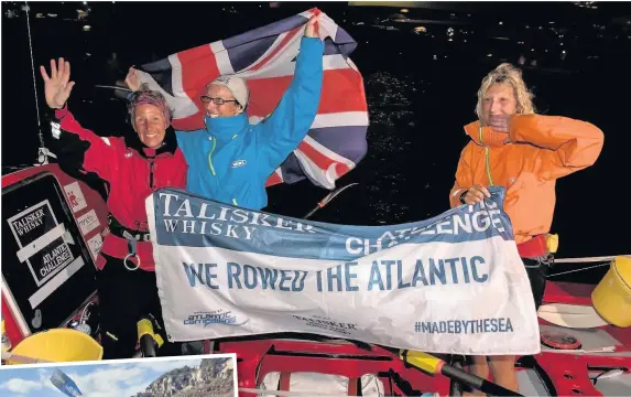  ??  ?? > Di Carrington, Sharon Magrath and Elaine Theaker celebrate after breaking three world records by crossing the Atlantic in 60 days. Inset, Elaine, Di and Sharon before setting off