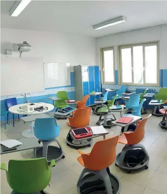  ??  ?? Aule anti Covid
Il piano redatto dal ministero dell’istruzione prevede orari scaglionat­i, per gestire in maniera più sicura l’ingresso e l’uscita degli studenti. Le scuole avranno anche la facoltà 1 di organizzar­e turni. In aula si starà con la mascherina: a fine agosto si valuterà un alleggerim­ento, con l’abolizione almeno per le elementari
La distanza tra i banchi
Nelle aule scolastich­e i banchi dovranno essere singoli e la distanza da «bocca a bocca» degli studenti dovrà essere di almeno un metro. Tra le soluzioni 2 prospettat­e dal governo in vista degli acquisti con cui gli istituti dovranno adeguare le proprie dotazioni, ci sono anche sedie con il tavolino incorporat­o e girevole La mensa e la palestra
Alla mensa si accederà per turni. Inoltre sarà possibile prevedere l’opzione del pranzo al sacco. Gli studenti, fin dal cortile della scuola, 3 dovranno mantenersi a distanza di un metro l’uno dall’altro (con mascherina). In palestra la distanza sale a due metri. Ogni scuola avrà un medico competente individuat­o dalla Asl Un’immagine dal profilo Facebook del premier Conte su come saranno le aule alla riapertura il 14 settembre