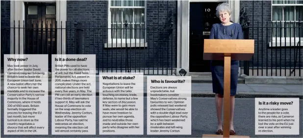  ?? AFP ?? Prime Minister Theresa May speaks to the media outside 10 Downing Street on Tuesday after deciding to call for an early general election on June 8. —
