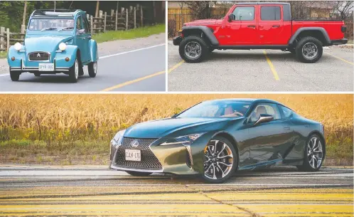  ?? CLAYTON SEAMS/JIL MCINTOSH/NICK TRAGIANIS/DRIVING ?? The Citroen 2CV, top left, Jeep Gladiator, top right, and Lexus LC 500 were all chosen as favourite vehicles driven in 2020.