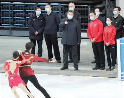  ?? YAO DAWEI / XINHUA ?? President Xi Jinping visits the Capital Gymnasium in Beijing’s Haidian district, on Jan 18, during an inspection of preparator­y work for the Beijing 2022 Olympic and Paralympic Winter Games. Xi also visited the National Alpine Skiing Center and the National Sliding Center in Yanqing district.