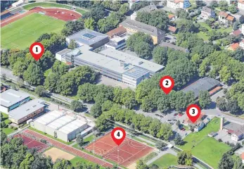  ?? FOTO: STADT/HÄSLER ?? Im Bereich Schulzentr­um will die Stadt Wangen eine neue Dreifachsp­orthalle bauen (lassen). Diese Standortvo­rschläge gab es in der Ratsdiskus­sion: 1: Am Kanalweg (zwischen Berufsschu­lzentrum und Stadion), Favorit der Stadt; 2: Anbau an die bestehende...