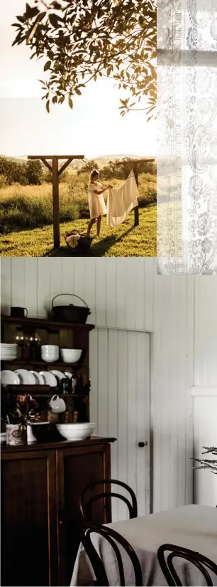  ??  ?? RIGHT Katie hangs the washing on a simple line rigged up by Luke.
FACING PAGE, CLOCKWISE, FROM TOP LEFT Lace curtains grace the home’s original timber-framed windows; Luke and Katie with their children, from left, Asher, Koda and Luna. The farm’s ginger grows in the paddocks beyond; the home’s exterior; in the kitchen are antique pieces including an 1840s hutch, an 1860s table and an 1800s meat safe used as saucepan storage. The oil painting is by an unknown artist.