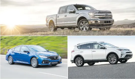  ?? FORD / HONDA / TOYOTA ?? So far in 2017, the Ford F-150, top, Honda Civic, bottom left, and Toyota RAV4 are the sales leaders in their respective segments.