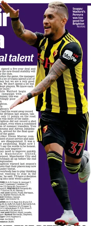  ?? REUTERS ?? Snappy: Watford’s Pereyra was too good for Brighton