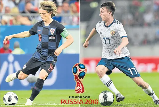  ??  ?? Croatia playmaker Luka Modric, left, goes head-to-head with Russian midfielder Aleksandr Golovin in today’s quarter-final in Sochi.