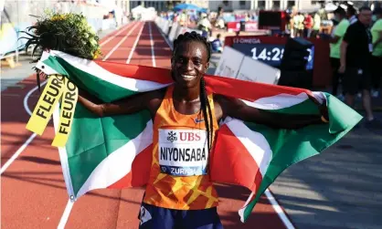  ?? Zagreb. Photograph: Maja Hitij/Getty Images ?? Francine Niyonsaba, pictured after winning the Diamond League women’s 5,000m in Zurich, has seta new world record in the 2,000m in