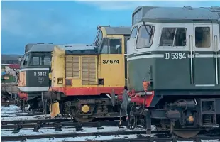  ?? David Green ?? LEFT: The Strathspey Railway is planning to operate a diesel weekend from March 18-20, using its home fleet locomotive­s plus possibly a visiting locomotive. On November 29, D5862, 37674 and D5394 line up at Aviemore. The organisers are hoping that recentlyde­livered 37674 can be returned to service in time for it to make its debut passenger runs on the railway at the March event.