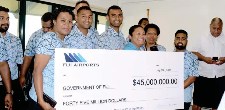  ?? Photo:Simione Haravanua. ?? Fiji Airports staff from Nausori after the handing over of the dividend cheque to the Government at the Ministry of Economy board room on July 30, 2018.