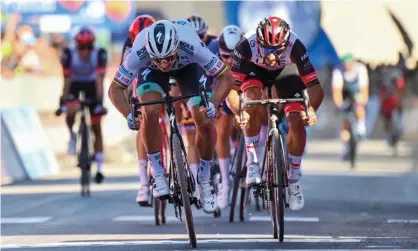  ??  ?? Peter Sagan crosses the line in first place to win stage 10 of the Giro d’Italia in Foligno, the second Giro stage win of his career. Photograph: Gian Mattia D’Alberto/AP