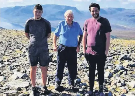  ??  ?? On top Gary with grandsons Tyler and Dylan as he celebrates his 80th brithday on the Geal Charn