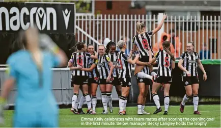  ?? ?? Emma Kelly celebrates with team-mates after scoring the opening goal in the first minute. Below, manager Becky Langley holds the trophy
