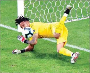  ?? LUIS ACOSTA/AFP ?? Pedro Gallese stops Luis Suarez’ penalty during the shoot-out in their Copa America quarter-final at the Fonte Nova Arena in Salvador, Brazil, on Saturday.