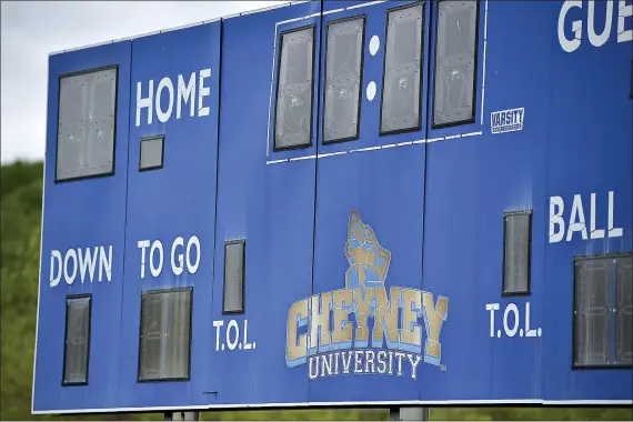  ?? PETE BANNAN — MEDIANEWS GROUP ?? The scoreboard on the football field at Cheyney University is pictured earlier this week. The school claims there are still plans for a return of intercolle­giate athletics at the school, but coaches and players tell a much different story.