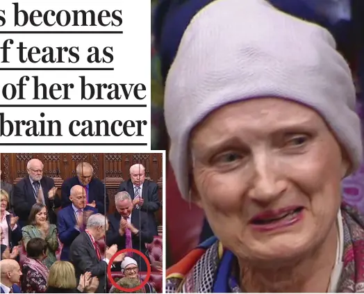  ??  ?? Applause: Peers stand and clap Tessa Jowell, circled, pictured right during her emotional speech in the Lords yesterday