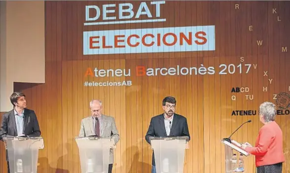  ?? DAVID AIROB ?? De izquierda a derecha, los tres candidatos, Bernat Dedéu, Jordi Casassas y Genís Roca, y la moderadora Milagros Pérez Oliva