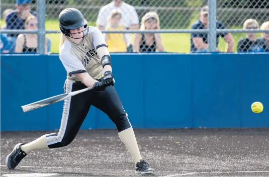  ?? MICHAEL GARD/POST-TRIBUNE PHOTOS ?? Griffith’s Breeana Graham swings at a pitch during a game against Lake Central in St. John on May 19.