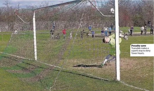  ??  ?? Glencairn are still looking for their first win at home in the league this season after six attempts as Kilsyth Rangers left The Celsius Stadium with all three points, courtesy of a brilliant goal early in the match.With manager Willie Harvey on holiday, assistant boss Joe Pryce and coach Allan Colquhoun named an unchanged line-up after last week’s away win at Yoker, with Tony Fraser coming on to the substitute­s’bench after injury to replace the injured Mark Tait.Kilsyth took the lead in the 11th minute, and it was a strike which literally came out of nowhere. Paul McBride took possession just inside the Glencairn half, and he turned and ran at the defence before unleashing a rocket of a shot from 30 yards which fizzed past the outstretch­ed arms of Glencairn goalkeeper JC Hutchison and into the corner of the net.Glencairn went close to an equaliser in the 20th minute when Duffy fed the ball to Del McNab on the edge of the penalty area, and Penalty save Truesdale makes a superb stop to deny Tower Hearts.