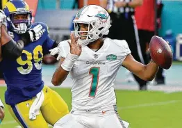  ?? Mark Brown / Getty Images ?? Dolphins rookie QB Tua Tagovailoa is set to make his second career start and will face the 2019 offensive rookie of the year in the Cardinals’ Kyler Murray.